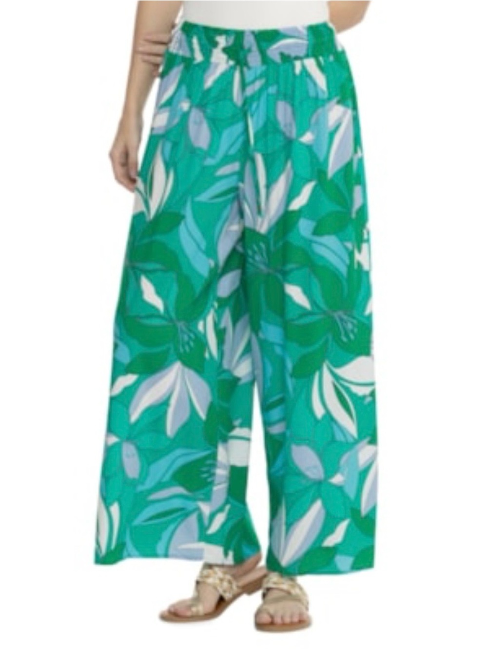 Tropical Wide-Leg Palazzo Pants in Green Floral